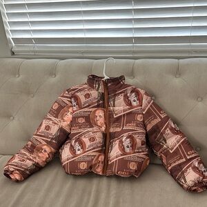 Brown Money-Print Puffer Jacket